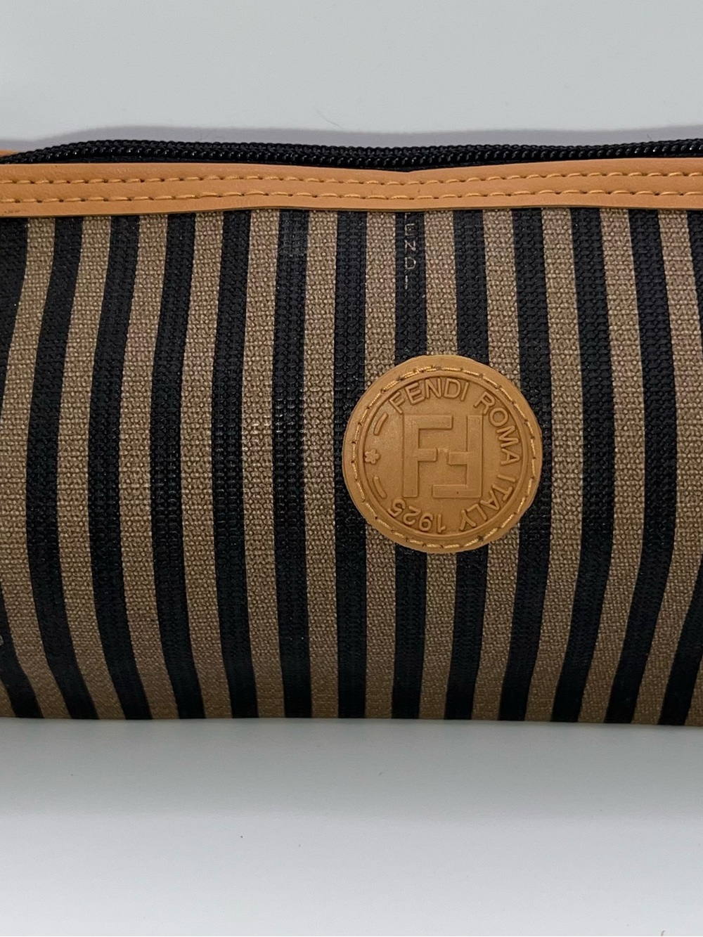 Fendi Brown & Black Striped Cosmetic Pouch with Logo Medallion